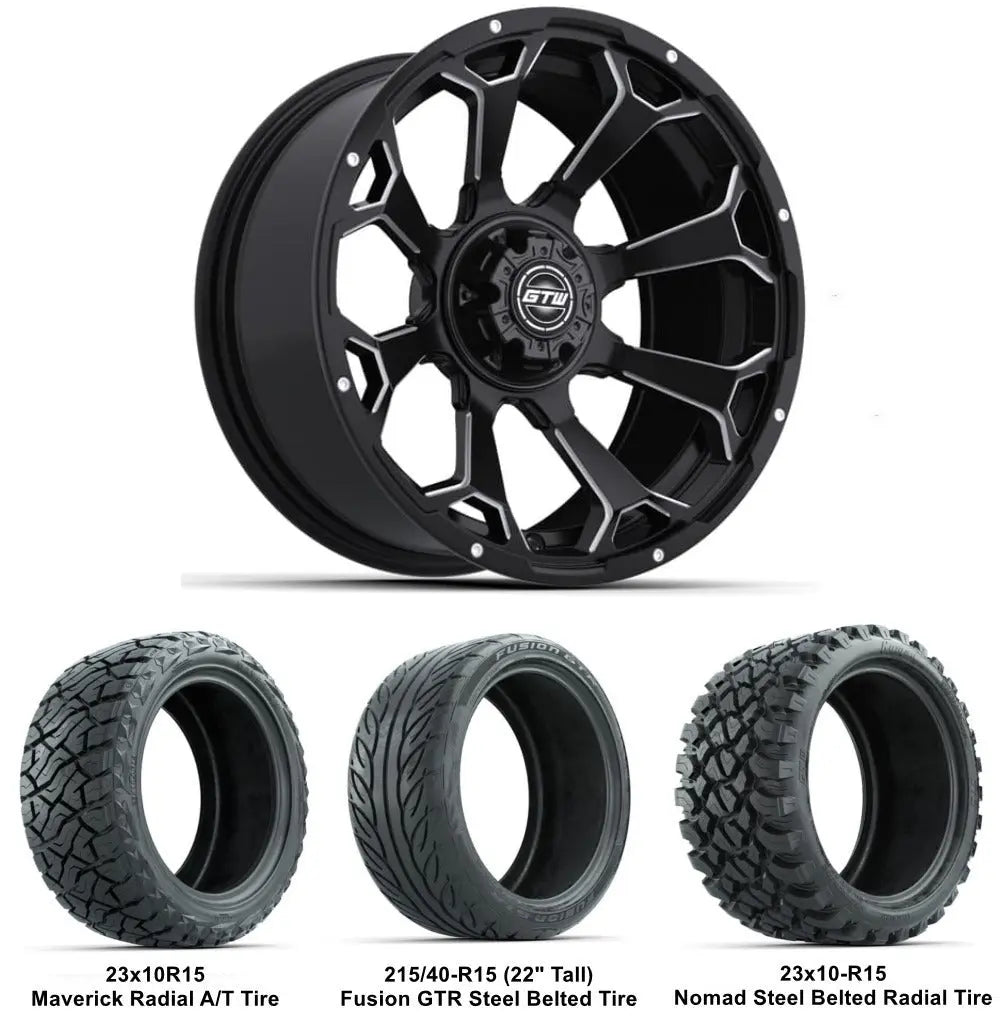 15" GTW Raven Matte Black Wheels with Lifted Tire Combo