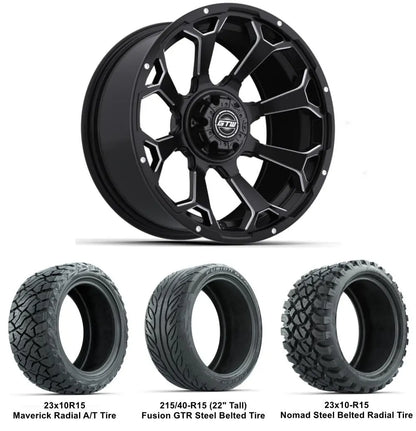15" GTW Raven Matte Black Wheels with Lifted Tire Combo
