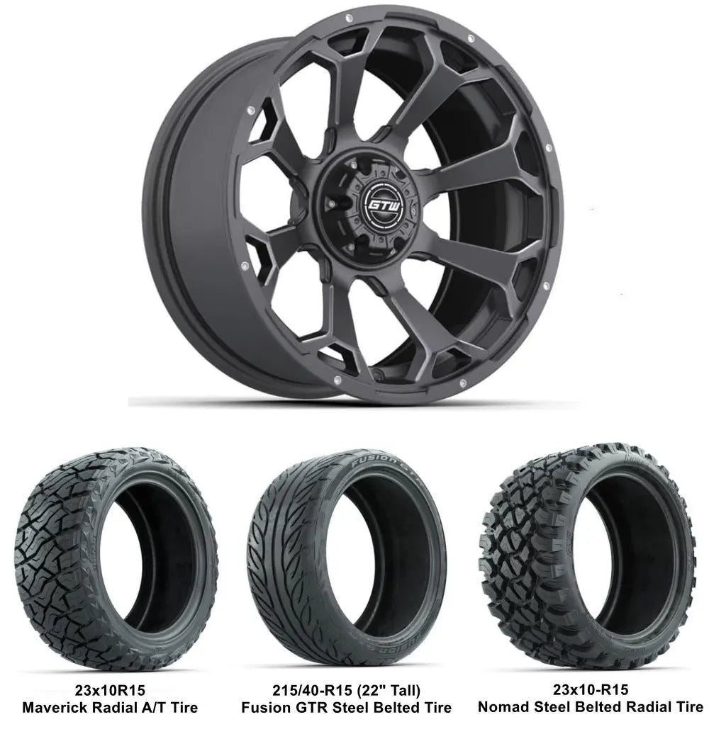 15" GTW Raven Matte Grey Wheels with Lifted Tire Combo