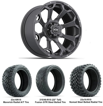 15" GTW Raven Matte Grey Wheels with Lifted Tire Combo