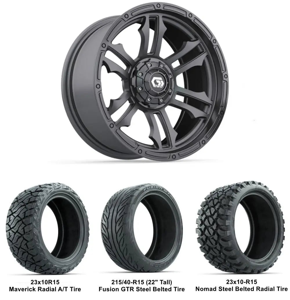15" GTW Shogun Gloss Gunmetal Wheels with Lifted Tire Combo