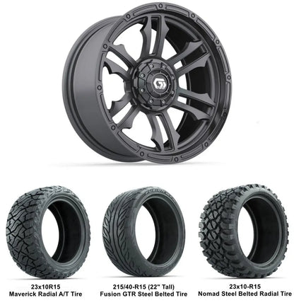 15" GTW Shogun Gloss Gunmetal Wheels with Lifted Tire Combo