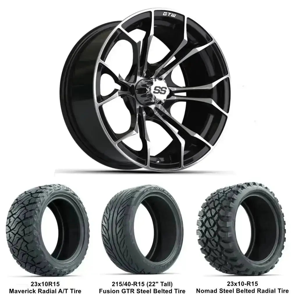 15" GTW Spyder Machined Black Wheels with Lifted Tire Combo GTW