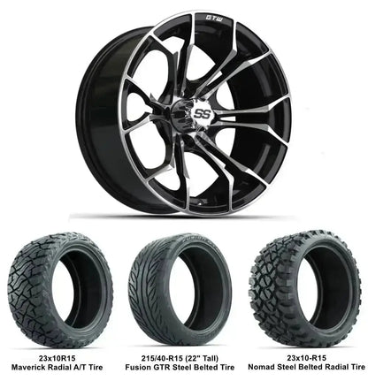 15" GTW Spyder Machined Black Wheels with Lifted Tire Combo GTW