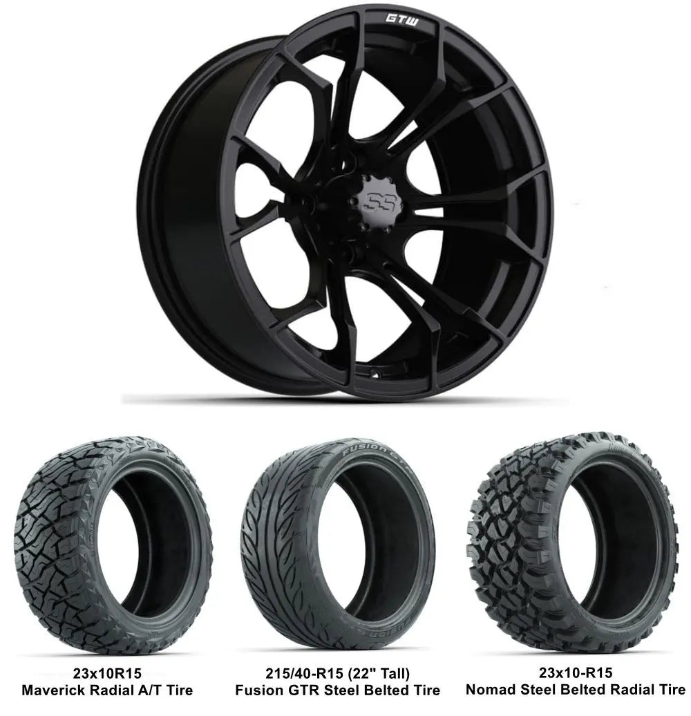 15" GTW Spyder Matte Black Wheels with Lifted Tire Combo