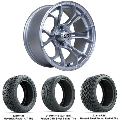 15" GTW Spyder Matte Silver Wheels with Lifted Tire Combo