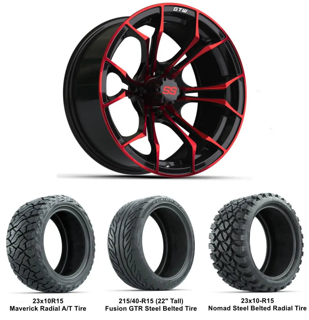 15" GTW Spyder Red and Black Wheels with Lifted Tire Combo