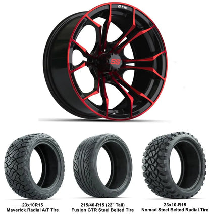 15" GTW Spyder Red and Black Wheels with Lifted Tire Combo