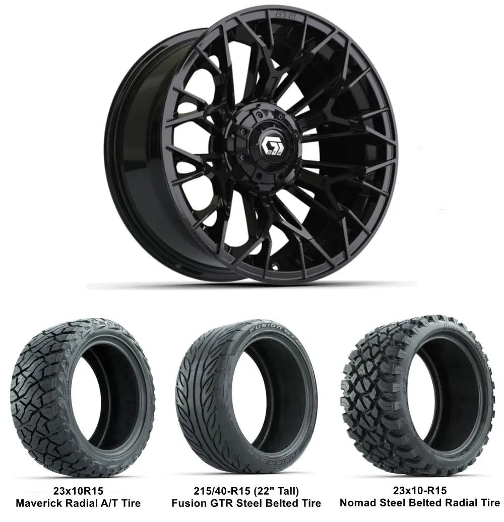 15" GTW Stellar Matte Black Wheels with Lifted Tire Combo