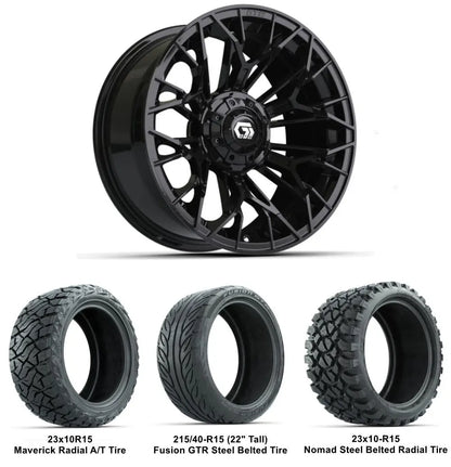 15" GTW Stellar Matte Black Wheels with Lifted Tire Combo