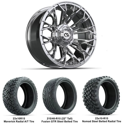 15" GTW Stellar Chrome Wheels with Lifted Tire Combo