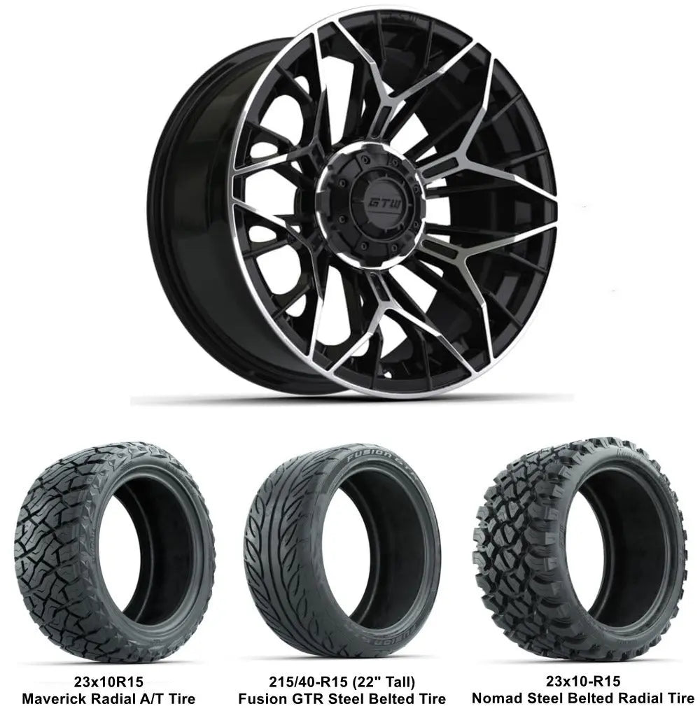 15" GTW Stellar Machined Black Wheels with Lifted Tire Combo