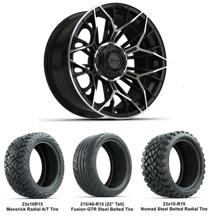 15" GTW Stellar Machined Black Wheels with Lifted Tire Combo