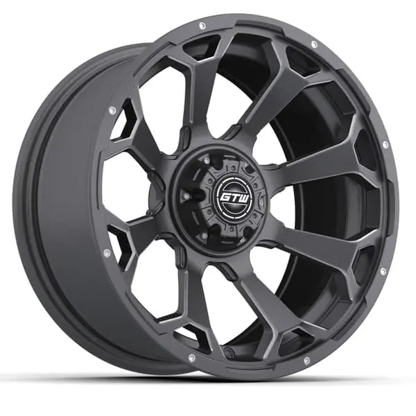 Black alloy wheel with GTW logo on a white background