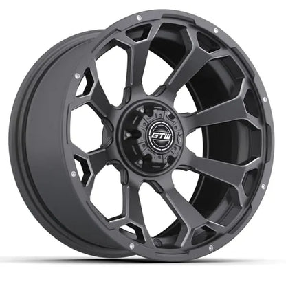 Black alloy wheel with GTW logo on a white background