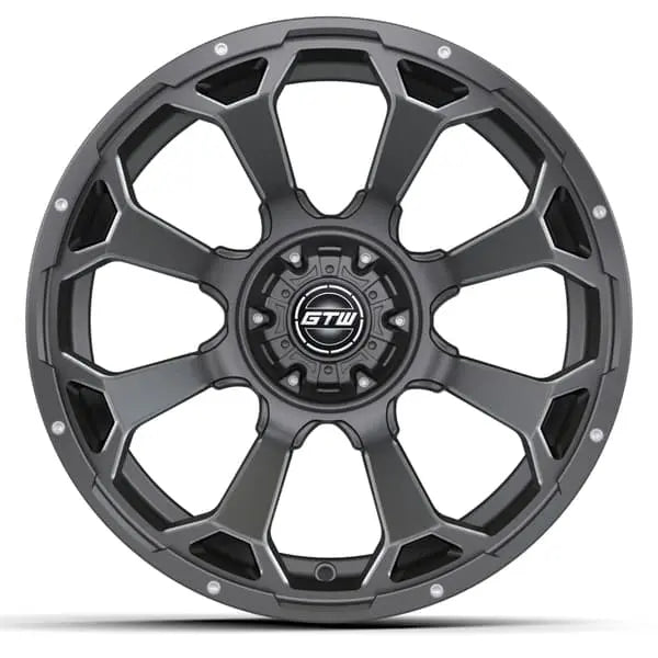 Gray alloy wheel with GTW logo on a white background