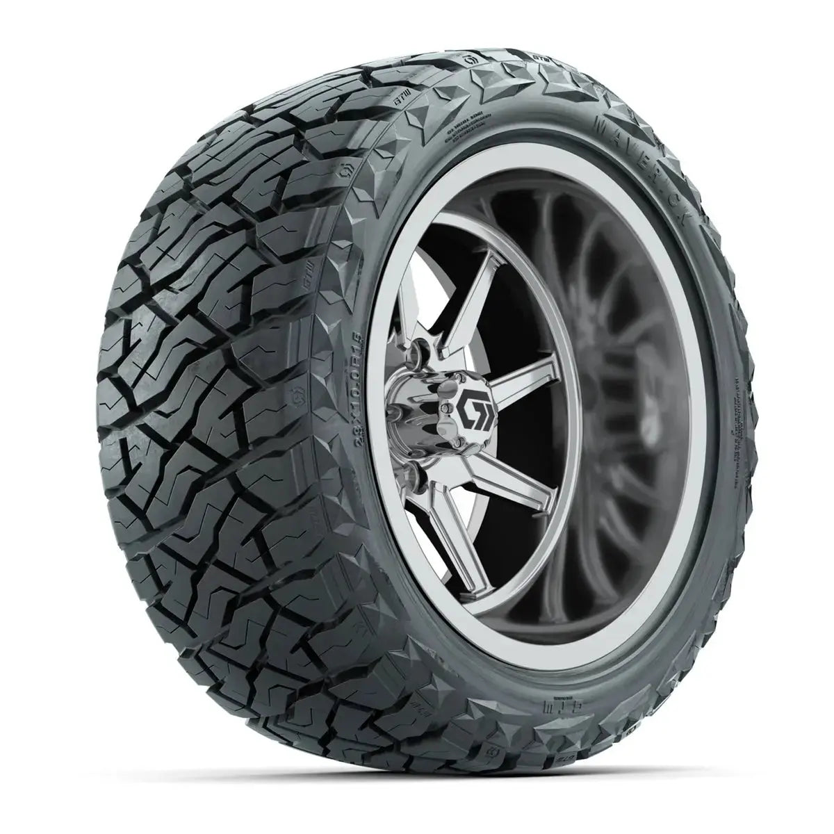 23x10-R15 GTW Maverick Radial All Terrain Tire mounted on 15x9 Reaper Wide Chrome Wheel Angle View
