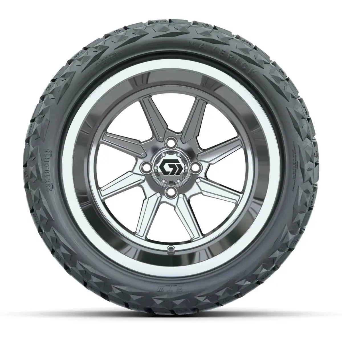 23x10-R15 GTW Maverick Radial All Terrain Tire mounted on 15x9 Reaper Wide Chrome Wheel Face View