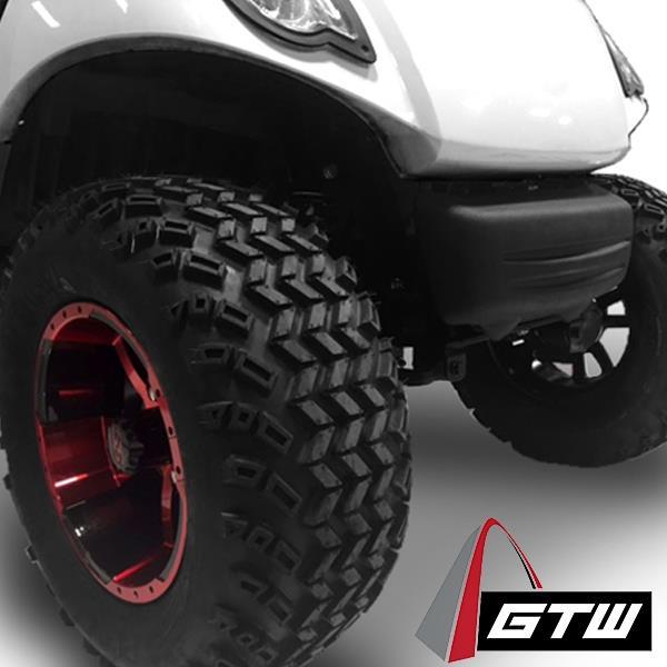 Close up angled view of white yamaha golf cart with GTW 5″ Drop Frame Lift Kit