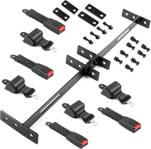 Universal Retractable 4 Seat Belt & Mounting Bar Kit Red Hawk