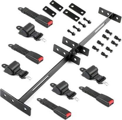 Universal Retractable 4 Seat Belt & Mounting Bar Kit Red Hawk