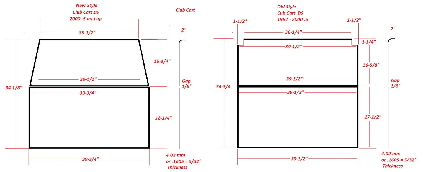 Club Car DS Old and New Style Windshield Dimensions