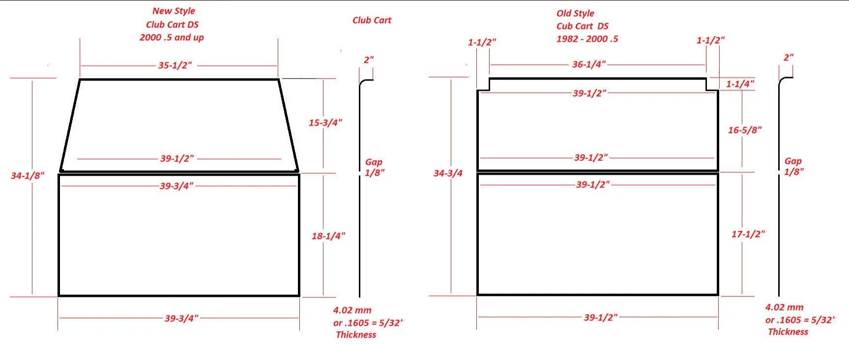 Club Car DS Old and New Style Windshield Dimensions