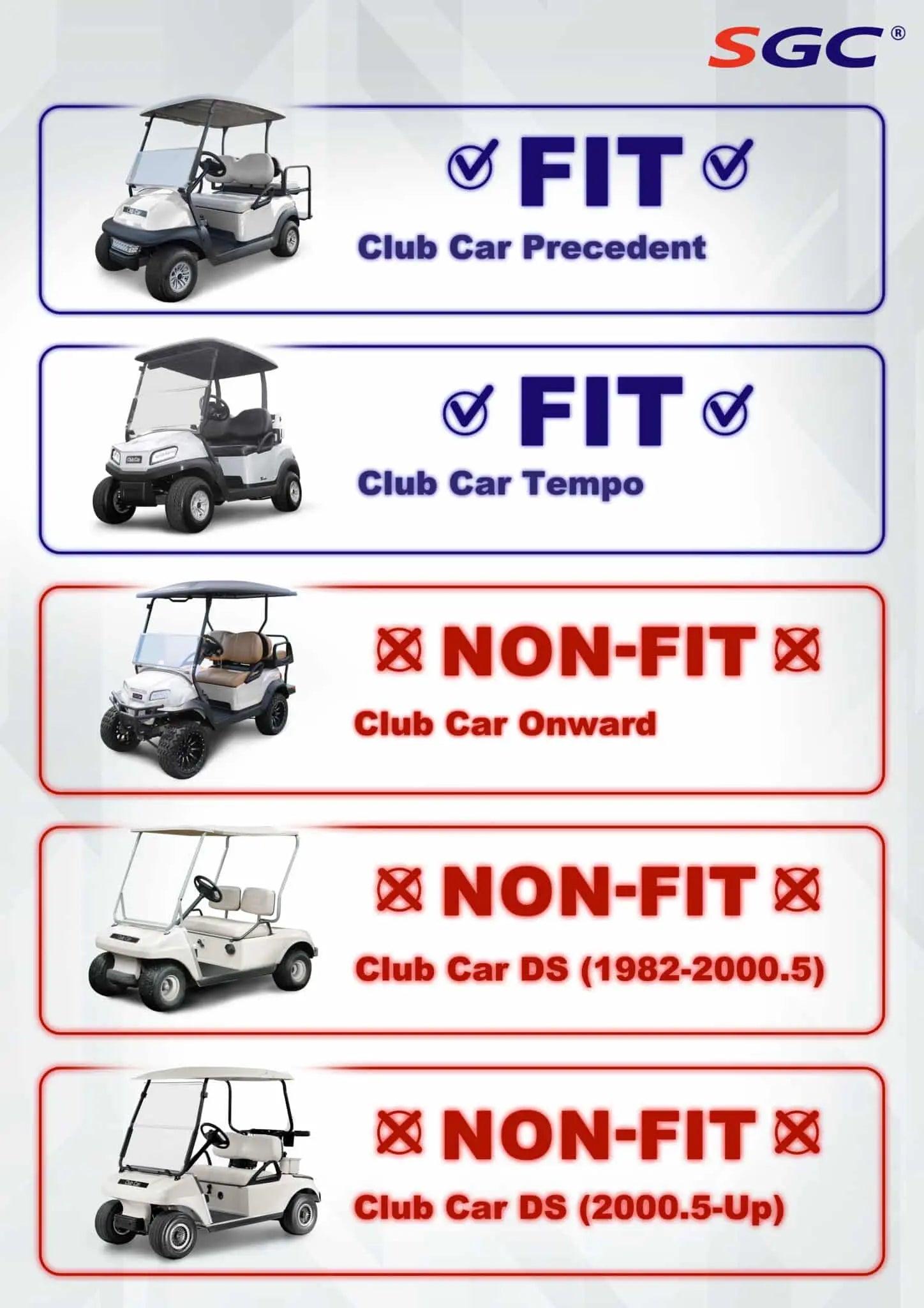Club Car windshield Compatibility chart for Precedent and Tempo