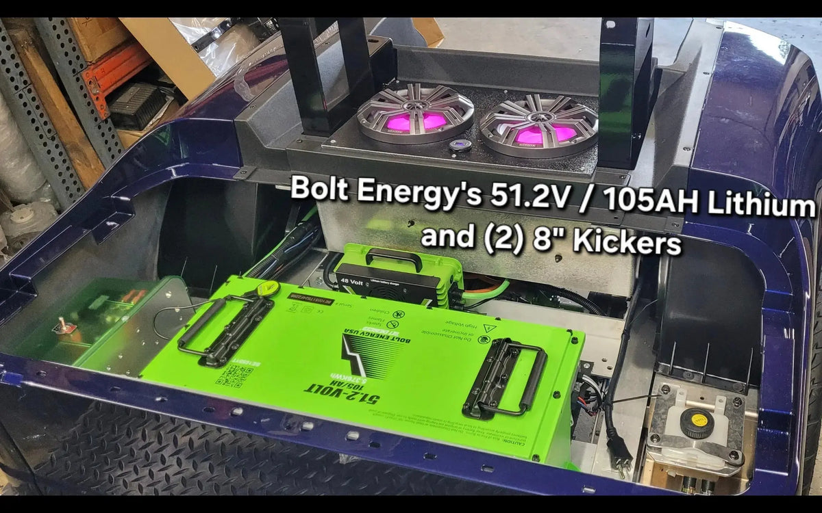 Navitas aluminum chassis with a Bolt Energy 51.2V 105 AH Lithium battery and (2) 8" Kicker speakers