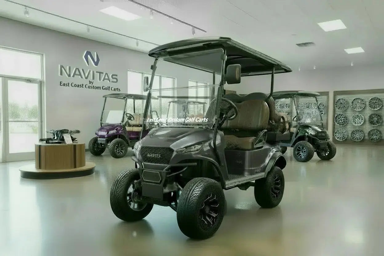 Navitas Lifted Aluminum Chassis Gunmetal Gray with mocha brown seats,  driver front angle view in EC showroom