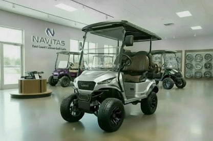 Navitas Lifted Aluminum Chassis Silver Metallic with mocha brown seats,  driver front angle view in EC showroom