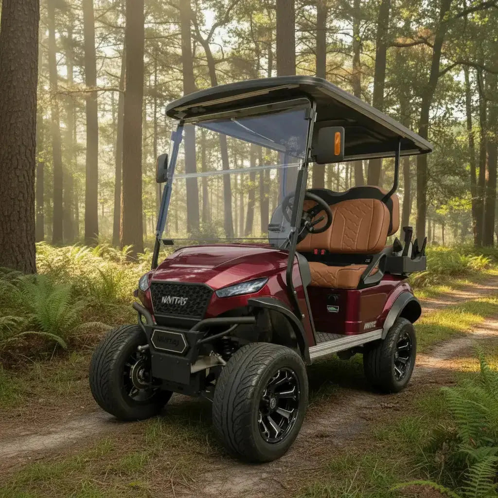 Navitas Lifted Aluminum Chassis Cherry Metallic with rust brown seats,  driver front angle view on a trail