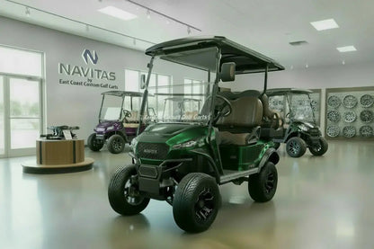 Navitas Lifted Aluminum Chassis Forest Green with mocha brown seats,  driver front angle view in EC showroom