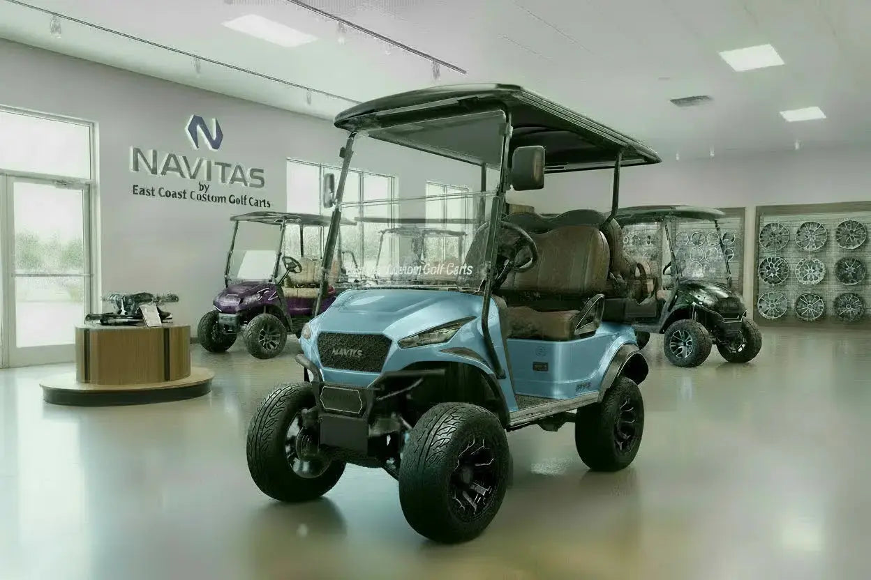 Navitas Lifted Aluminum Chassis Sea Storm with mocha brown seats,  driver front angle view in EC showroom