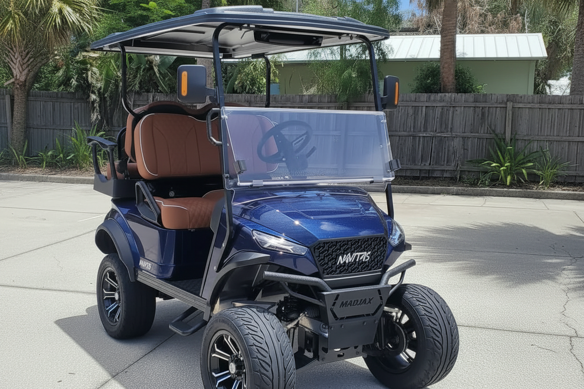 Navias chassis Admiral Blue with rust color seats at shop