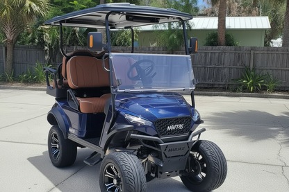 Navias chassis Admiral Blue with rust color seats at shop