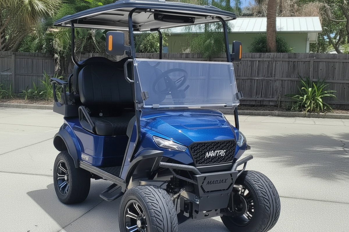 Navitas chassis Admiral Blue with black seats passenger front angle View at shop
