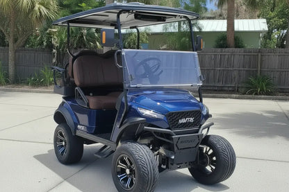 Navitas chassis Admiral Blue with brown seats passenger front angle View at shop
