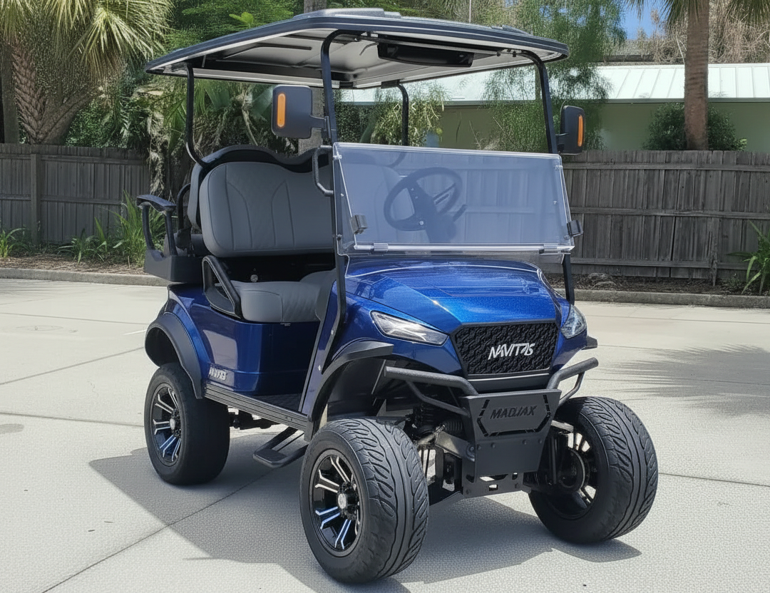 Navitas chassis Admiral Blue with gray seats passenger front angle View at shop