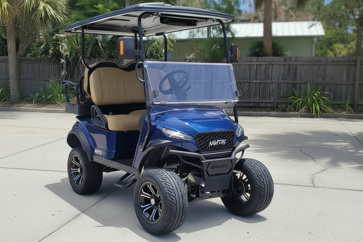 Navitas chassis Admiral Blue with khaki seats passenger front angle View at shop