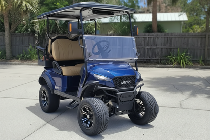 Navitas chassis Admiral Blue with khaki seats passenger front angle View at shop