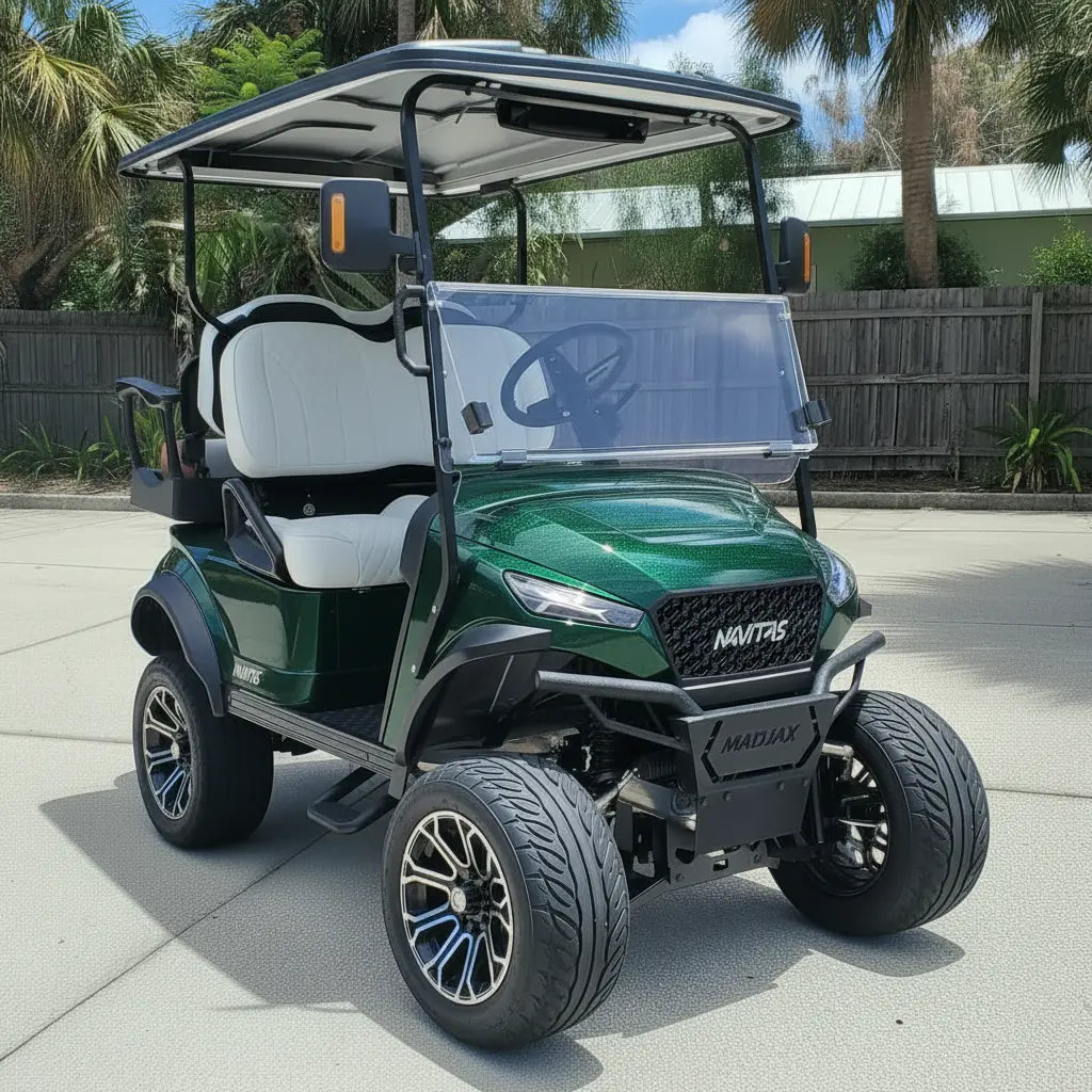Navitas chassis forest green with white seats passenger front angle View at shop