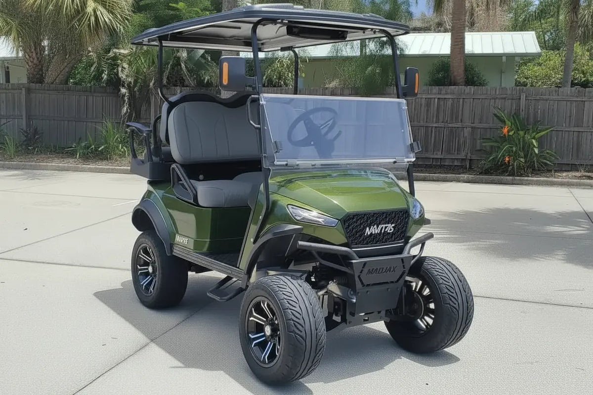 Navitas chassis forest green with gray seats passenger front angle View at shop.