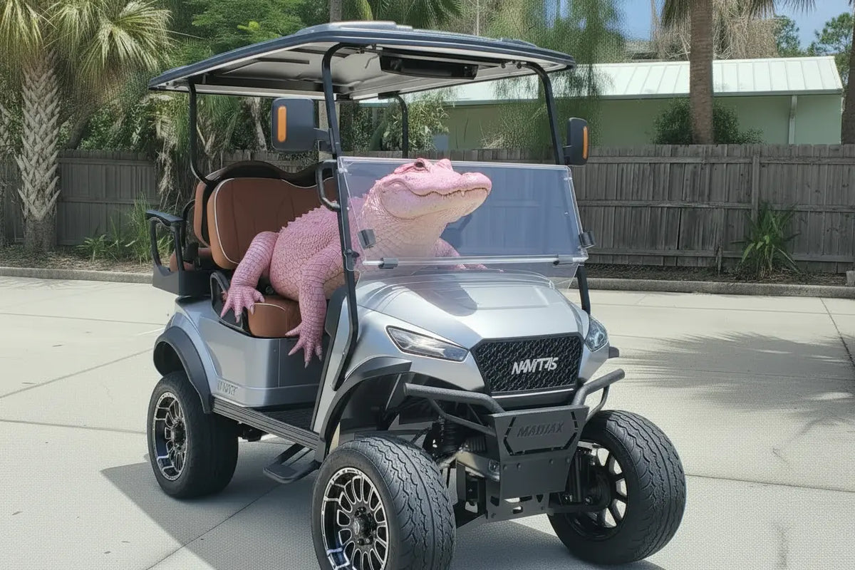 Navitas chassis silver metallic with a pink alligator in the rust brown seats passenger front angle View at shop