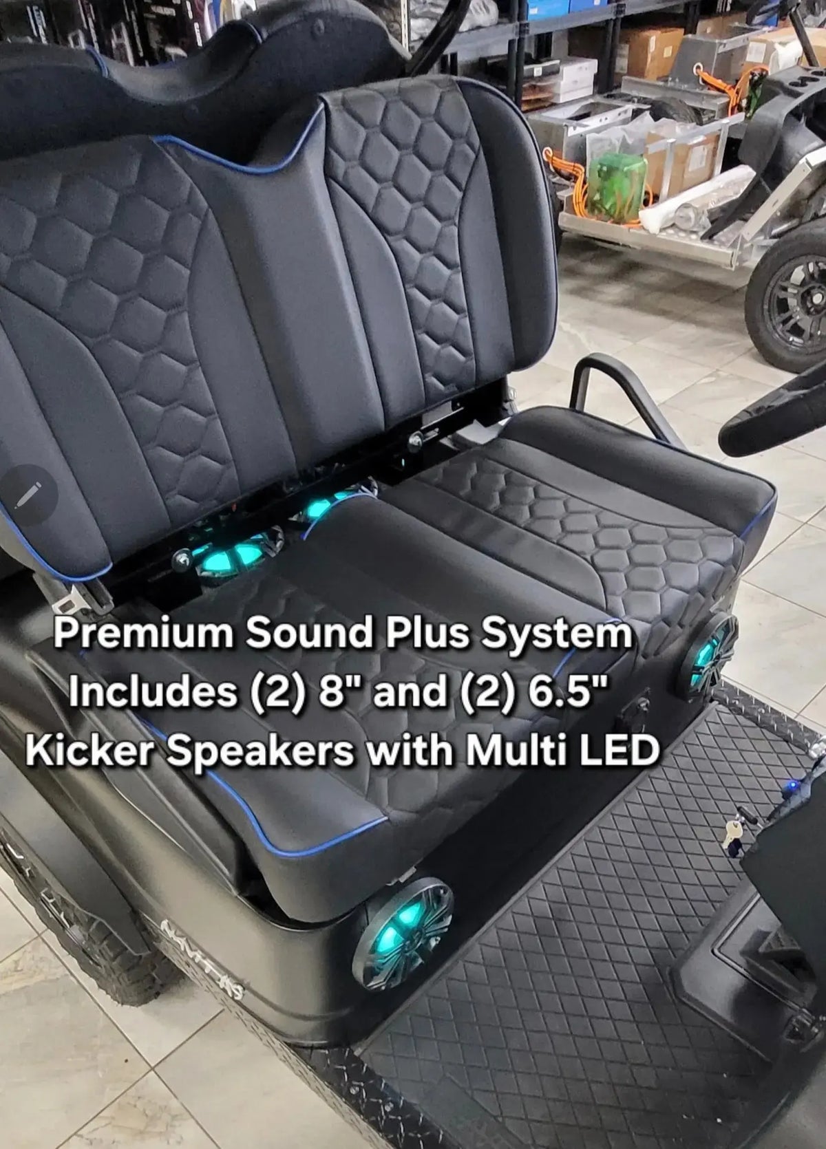 Matte Black Navitas chassis with premium black seats. Cart has (2) 8" and (2) 6.5" kicker speakers with multi LED lighting