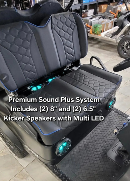 Matte Black Navitas chassis with premium black seats. Cart has (2) 8" and (2) 6.5" kicker speakers with multi LED lighting