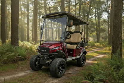 Navitas Lifted Aluminum Chassis Cherry Metallic with khaki seats,  driver front angle view on a trail