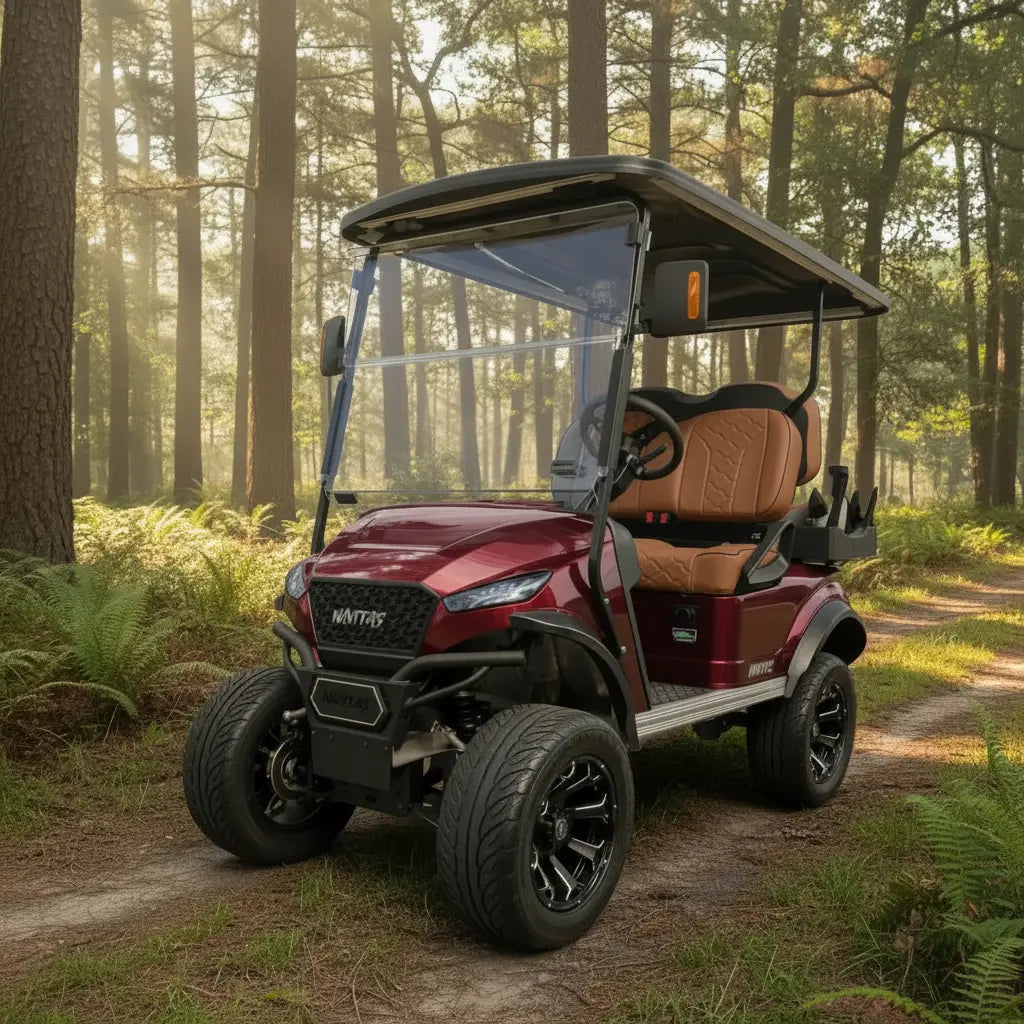 Navitas Lifted Aluminum Chassis Cherry Metallic with light brown seats,  driver front angle view on a trail