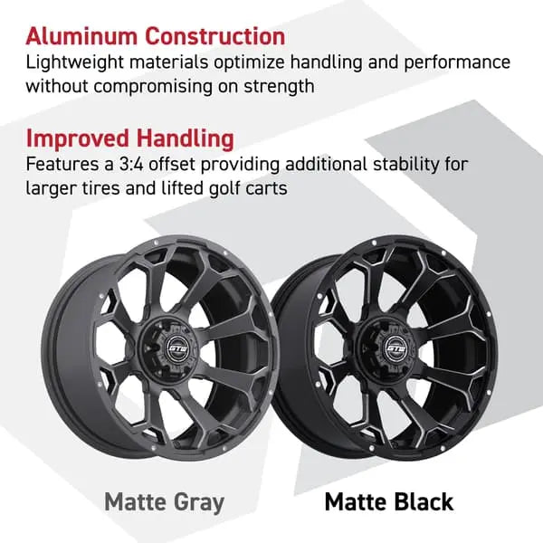 Two alloy wheels, one matte gray and one matte black, with text about aluminum construction and improved handling.