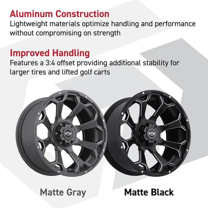 Two alloy wheels, one matte gray and one matte black, with text about aluminum construction and improved handling.